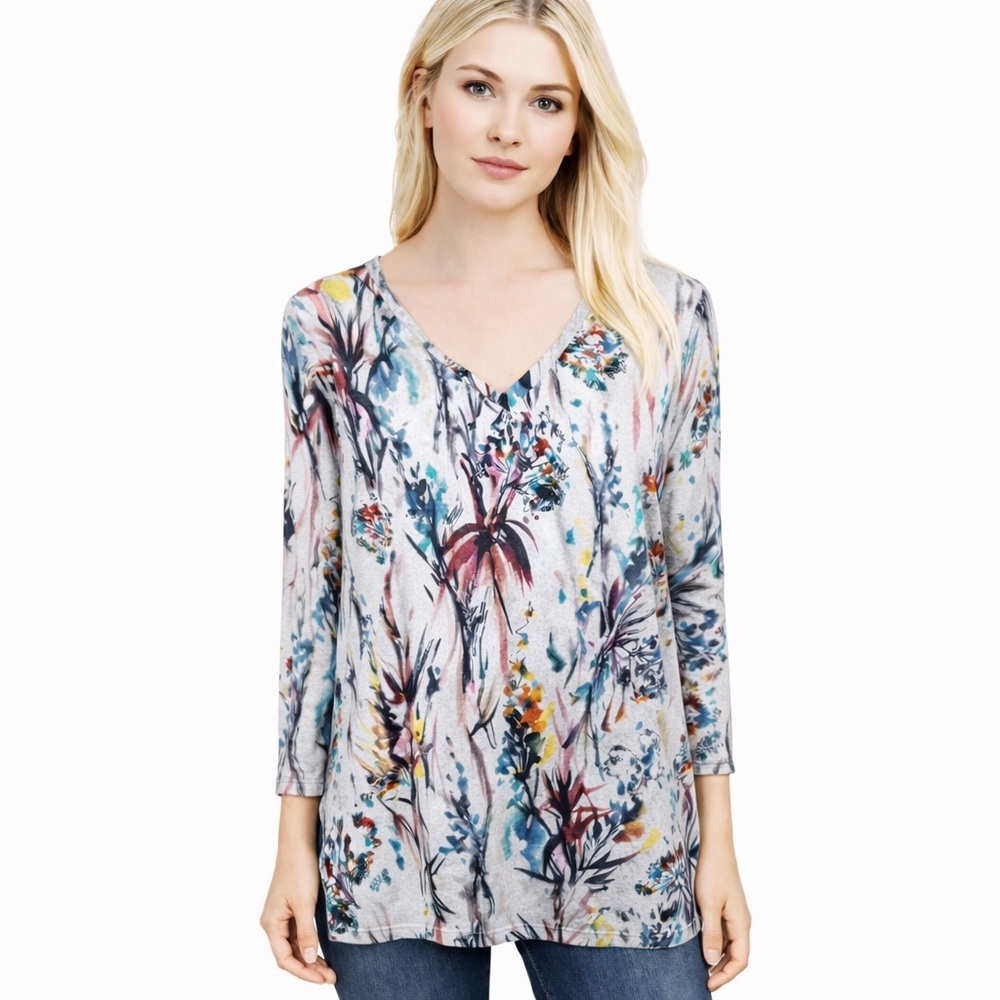 Shana V-Neck Tunic Brush Knit Shirt Floral Bouquet Print Boho Artsy Size XXL